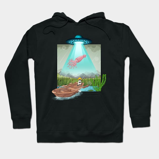 Catfish  alien abduction novelty design . Original artwork. One of a kind ufo cat fishing  squid gag gift 2023 Hoodie by Flawless Designs